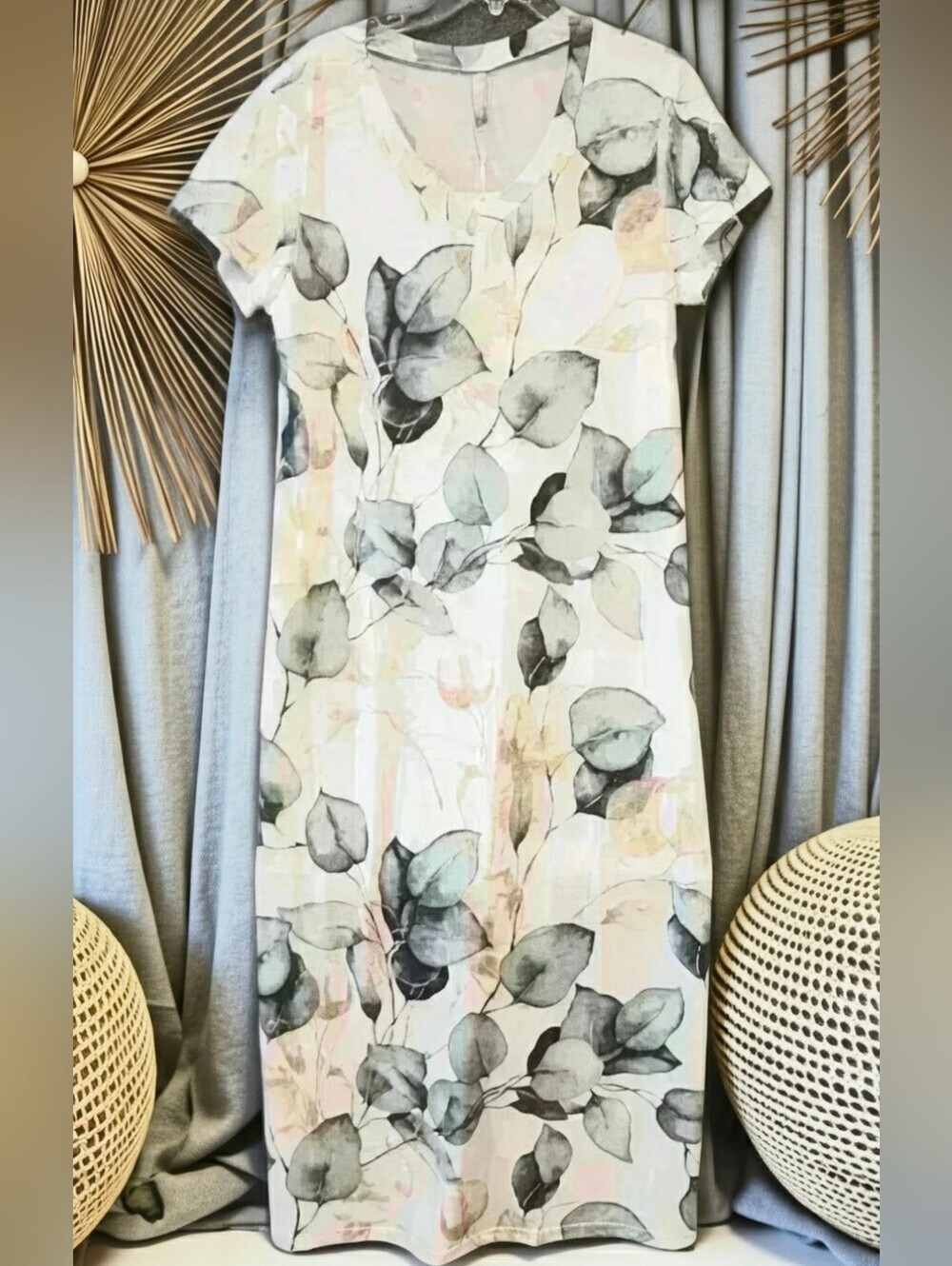 788. Noracora Botanical Eucalyptus Leaf Print Short Sleeve Midi Dress Cream